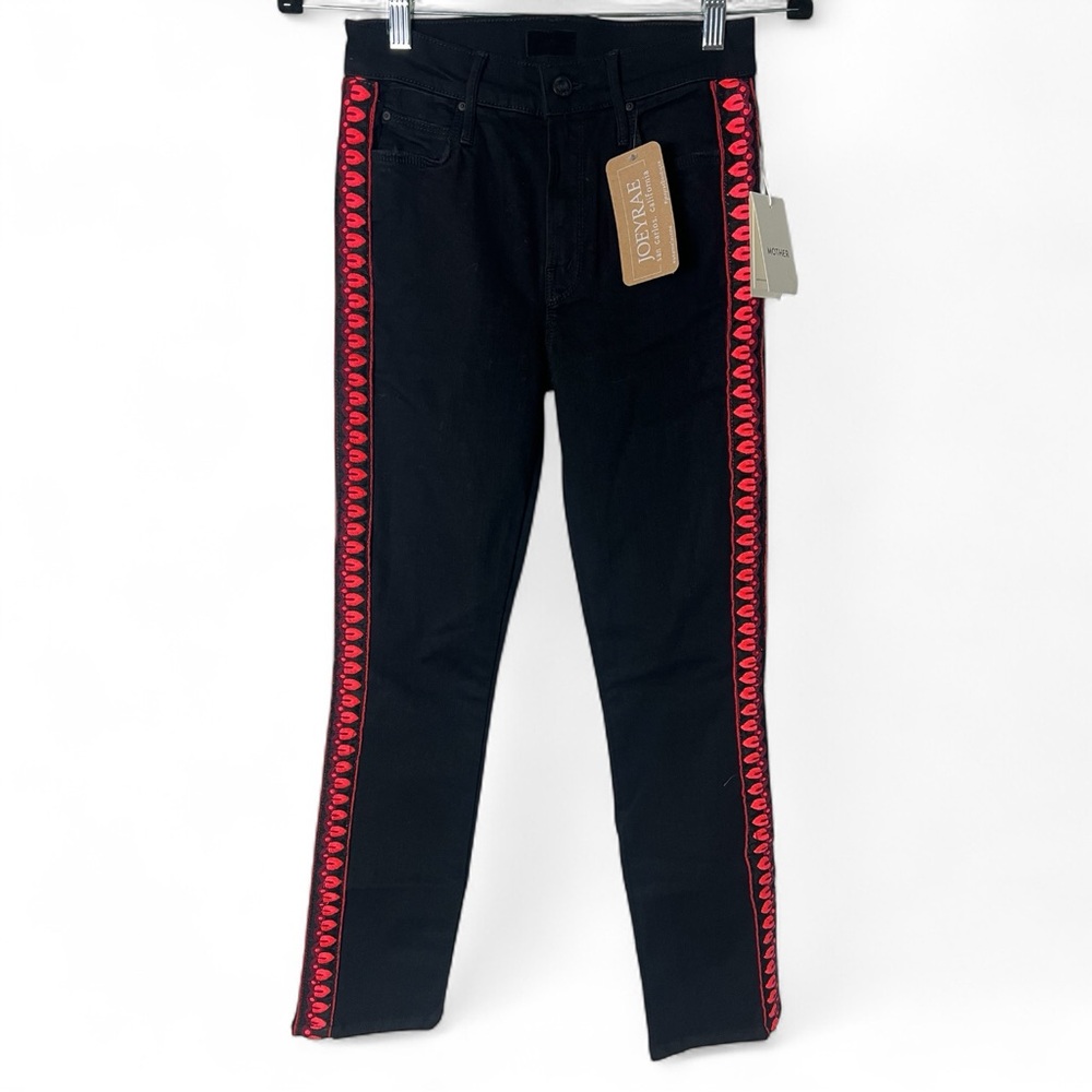 Mother Women's The Mid Rise Dazzler Ankle Jeans embroidered trim black NWT Sz 25